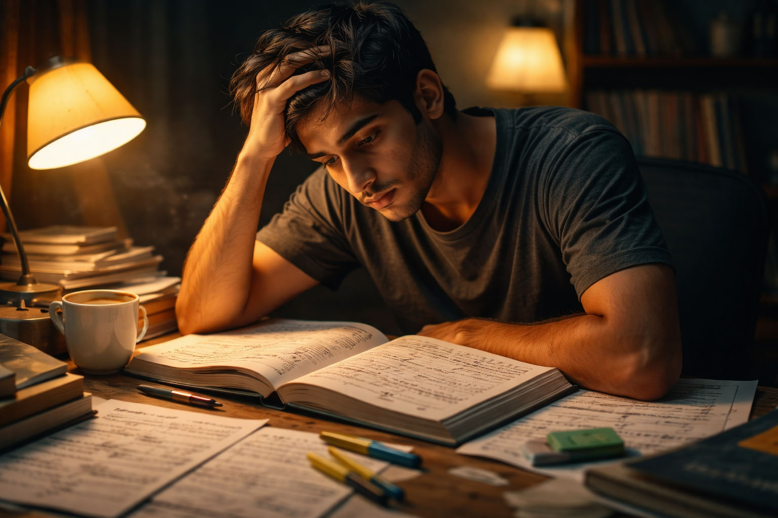 Student studying late night stressed for MDCAT exam Pakistan